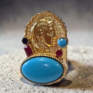 22k Gold Plated Artisan Byzantine Revival Coin Turquoise Ruby Statement Ring